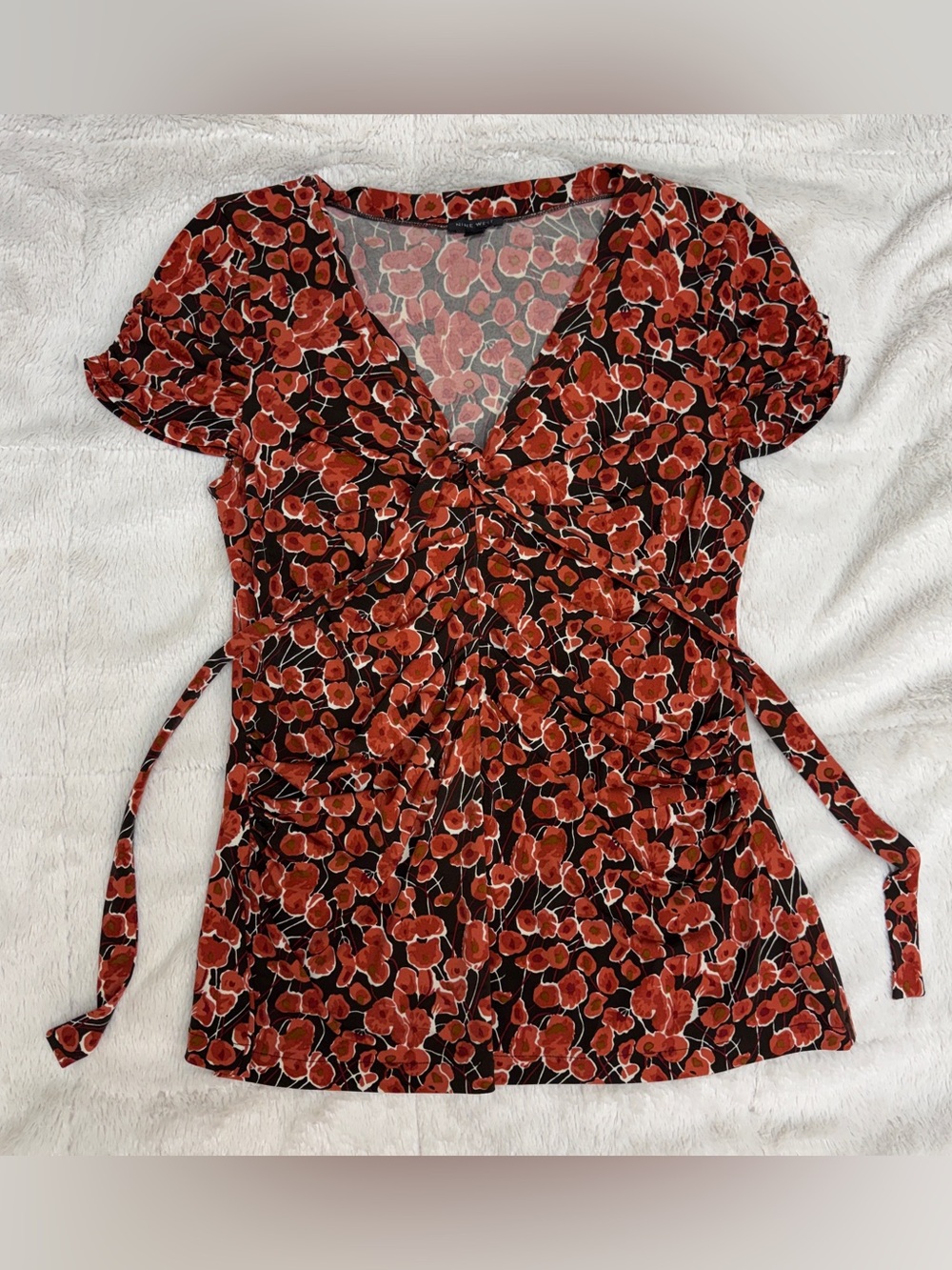 Nine West Floral Blouse with tassels and ruching, brown white orange, size M